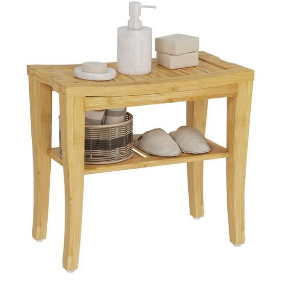 Soges – Tabouret de salle de bain en bambou – Meuble à chaussures 2 niveaux – Charge max 80 kg – Dimensions 47.5 x 26 x 44.5 cm