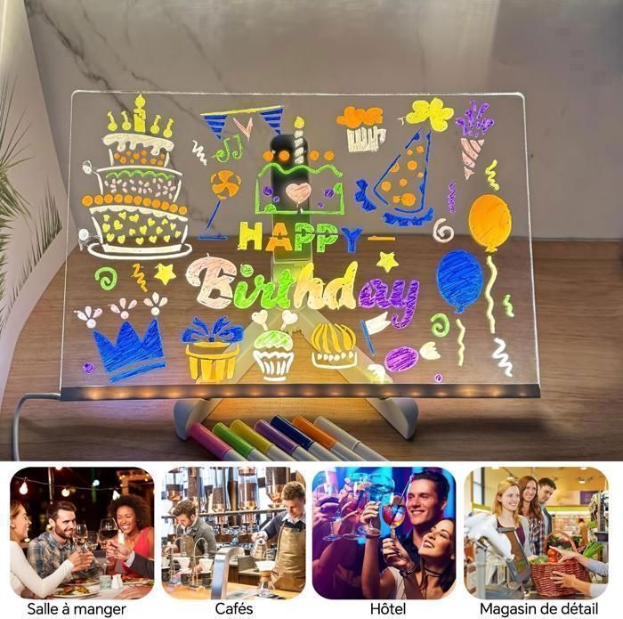 Tableau Lumineux Message LED 30x20cm Acrylique 7 Couleurs - Effaçable Avec Support Réglable Pour Café Maison Bureau