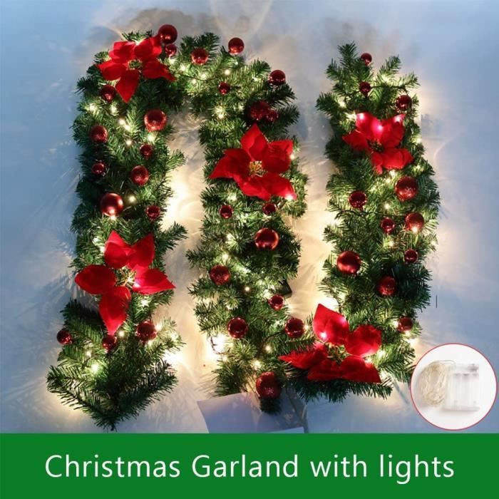 Guirlande sapin artificiel de Noël, avec LED+Boules de Noël rouge+ fleur rouge 2,7m pour