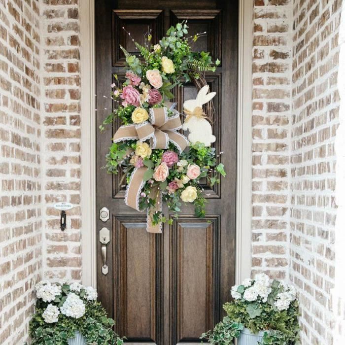 Couronne de Pâques pour porte d'entrée, couronne de lapin de Pâques avec fleurs roses et blanches, décoration de Pâques pour la maison, 40,6 cm