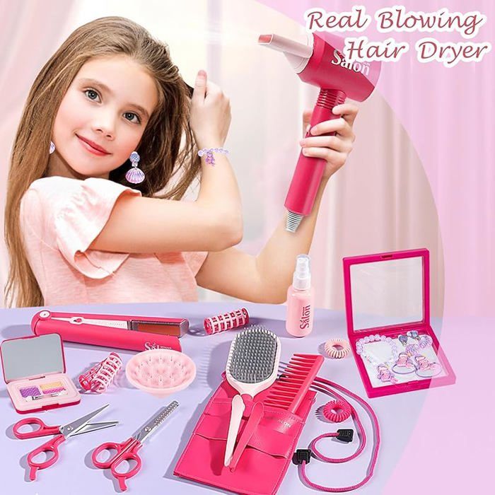 DeAO Ensemble De 34 Pièces Pour Coiffeur Et Coiffeuse Glamour - Accessoires De Maquillage Bijoux De Simulation Fer A Friser Et Seche Cheveux Inclus Rose