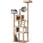 Mondeer Arbre à Chat en Bois haudeur de 185 CM, avec Deux Maisons pour Chats et Un Griffoirs, Beige