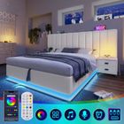 LEYTN Lit jeune, lit rembourré 180 x 200 cm, lit hydraulique, lit coffre avec LED et USB-C - Blanc