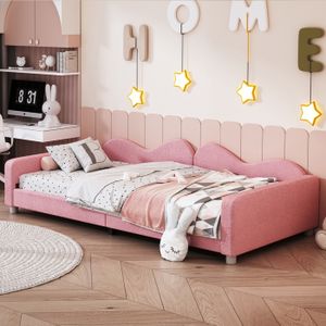 SOMMIER Lit d'enfant lit rembourré 90*200 cm,cadre de canapé-lit en tissu peluche lit moelleux multifonctionnel avec dossier,rose