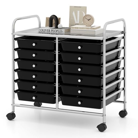 Goplus Chariot Rangement 12 Tiroirs Sur Roulettes - Tour Organisatrice Transparent/Noir 64x38x75 Cm - Idéal Chambre, Bureau, Cuisine !