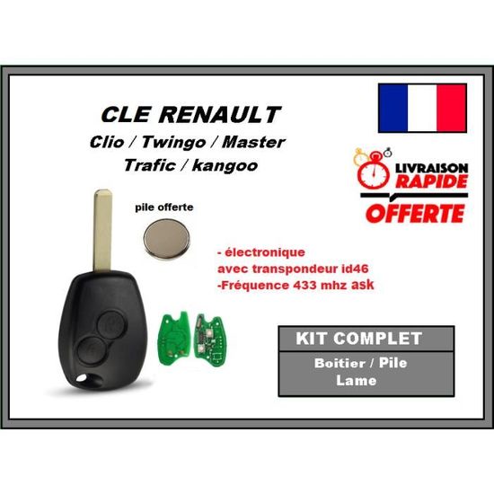 Clé électronique Vierge ID46 - Compatible Renault Clio 2, Kangoo 1 Phase 2, Twingo - Kit Neuf