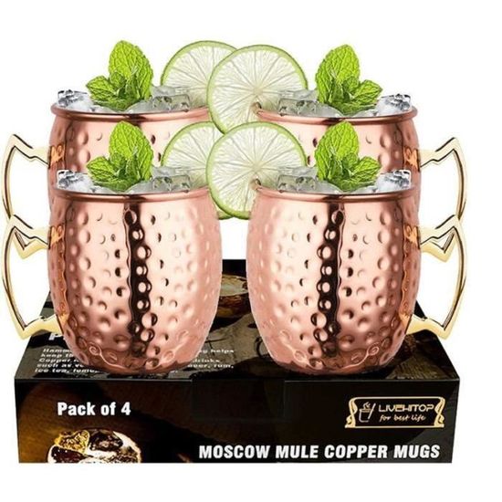Tasse Cuivre Set Moscow Mule RYLIFEOGI - 4 Tasses Cuivre 19oz Avec Pailles Et Doseur | Cadeau Bar Ou Fête Verre Rhum