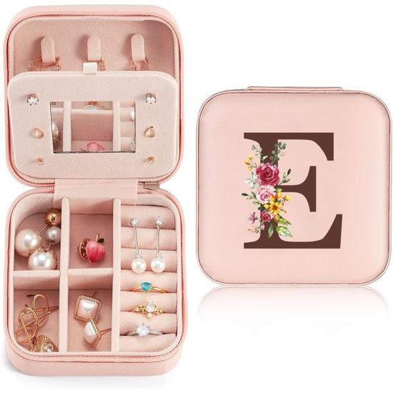 Boîte à Bijoux De Voyage Initiale 'E' – Organisateur Cuir PU Rose, Portable Pour Bagues Colliers, Cadeau Fille Femme