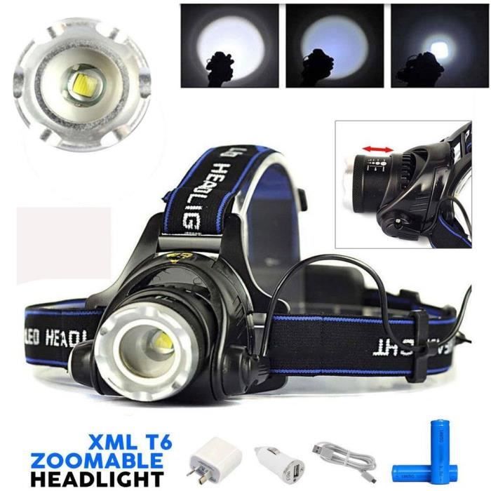 Lampe frontale zoomable LED Lampe frontale rechargeable Torche XML T6