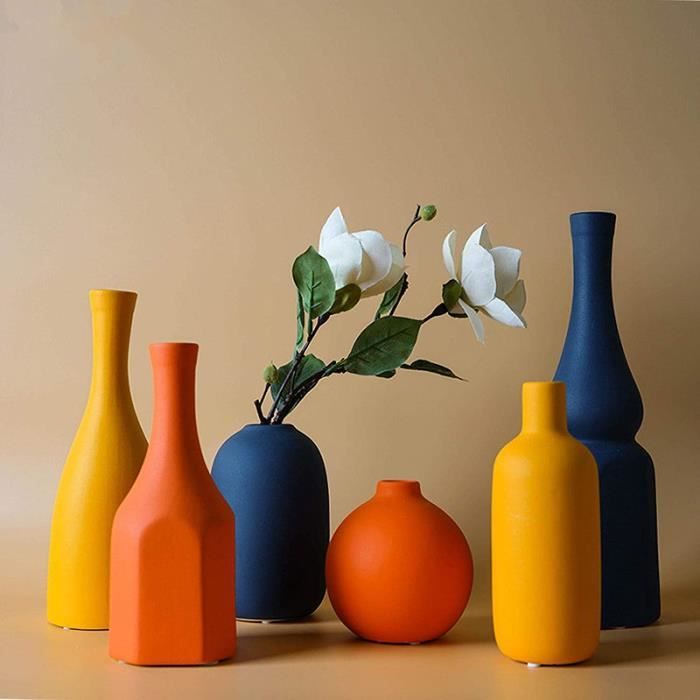 Morandi Vase décoratif en céramique avec fleurs séchées Orange-jaune-bleu680