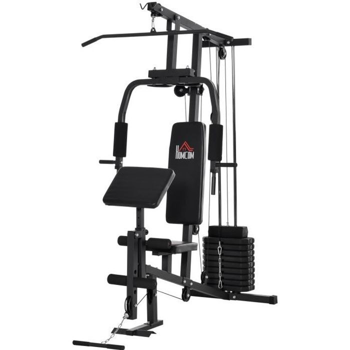 HOMCOM Station de musculation multi-exercices station de fitness en acier contrepoids de 45 kg idéal pour maison bureau et gymnase