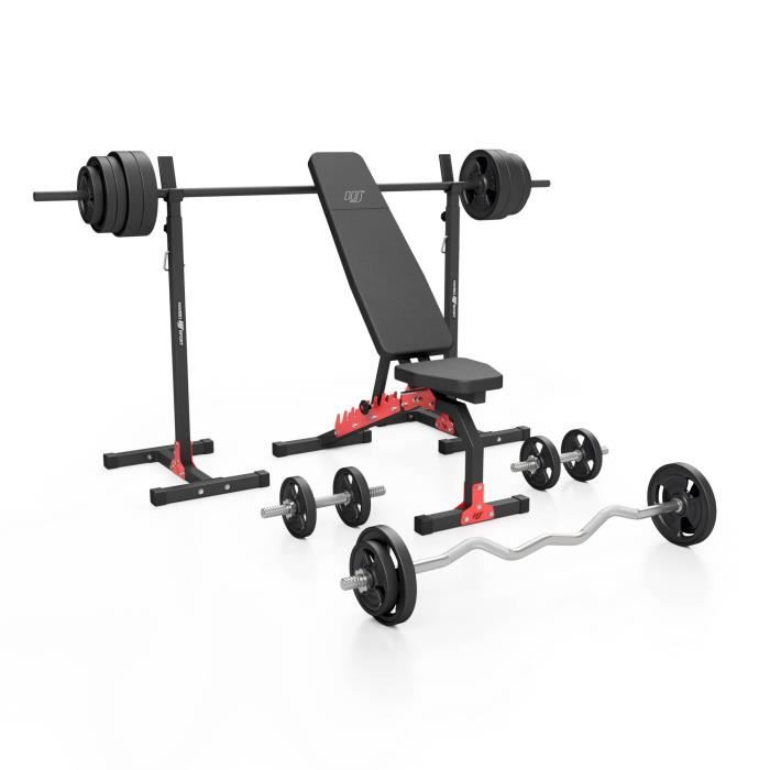 Marbo Sport Set MH7 140KG KIER G 2.0 - Banc de musculation + haltère réglable en hauteur + ensemble de plaques de caoutchouc et ...
