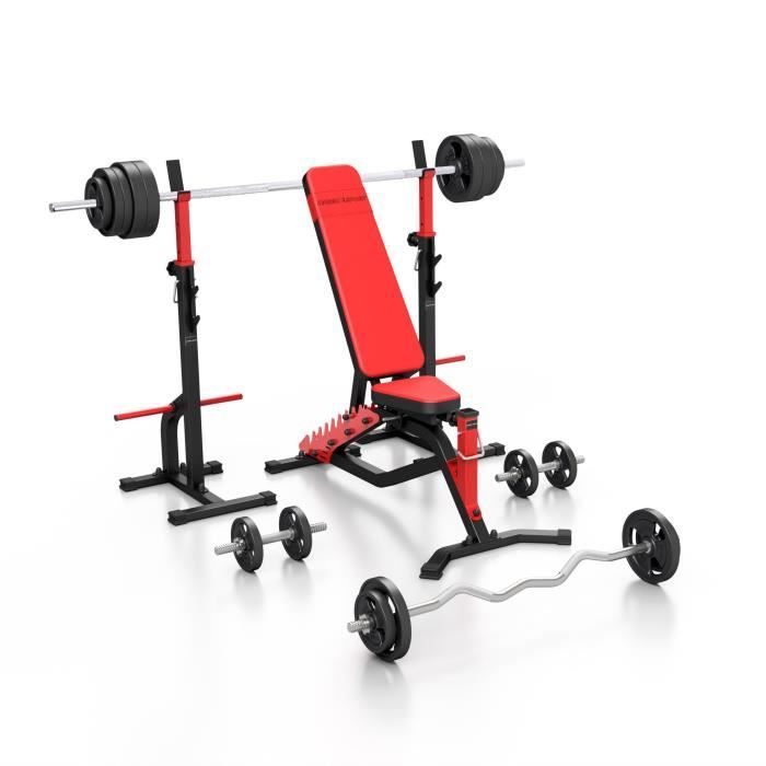 Marbo Sport Set MS34 155KG Kier - Banc de musculation + 2 supports d'haltères avec sécurité + barres et disques d'haltères 113 kg