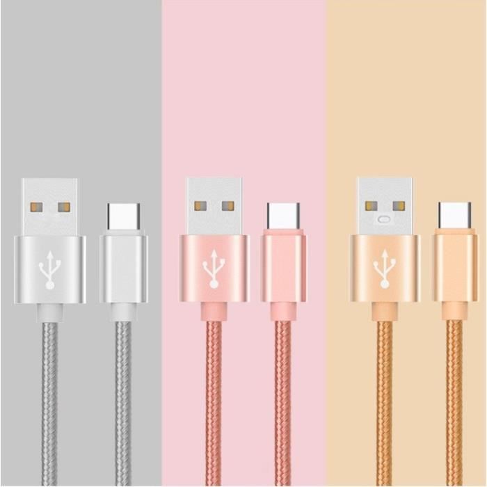 Cable Tressé Type C pour ZUK Z2 Pro Chargeur USB 1m Réversible Connecteur Syncronisation Nylon (ARGENT)