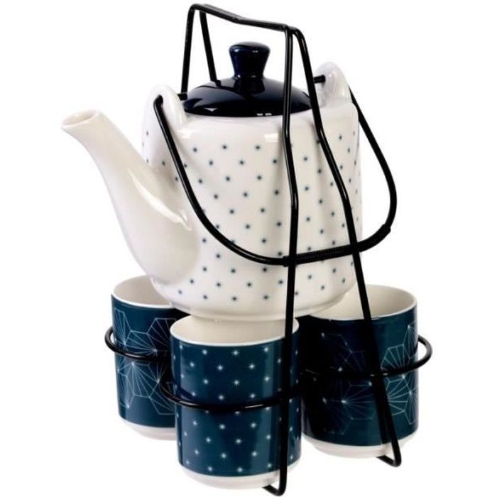 Coffret Théière 4 Tasses -shine- 15cm Bleu & Blanc - Paris Prix