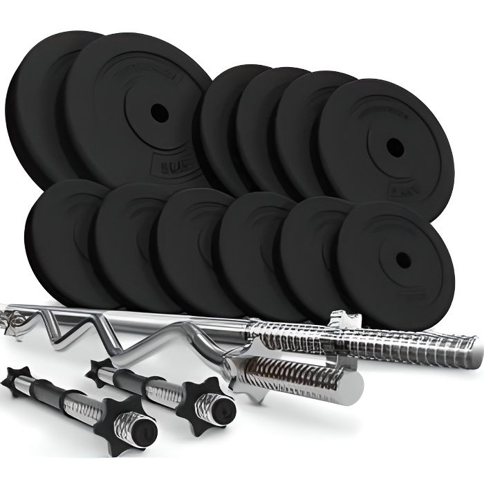 Physionics® Set de Barres d'Haltère avec Disques de Poids - Set 45 kg, Barre Longue, 2 Barres Courtes, Barre EZ, Disques - Fitness