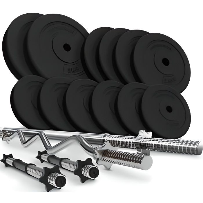 Physionics® Set de Barres d'Haltère avec Disques de Poids - Set 45 kg, Barre Longue, 2 Barres Courtes, Barre EZ, Disques - Fitness