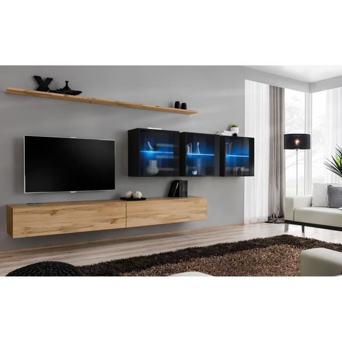 Ensemble meuble salon mural SWITCH XVII design, coloris chêne Wotan et noir brillant. 40 Marron