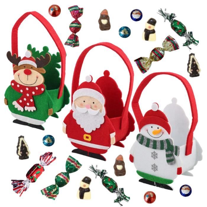 3 paniers feutrine Renne, Père Noël accompagnés d'un assortiment de chocolats de Noël et papillotes