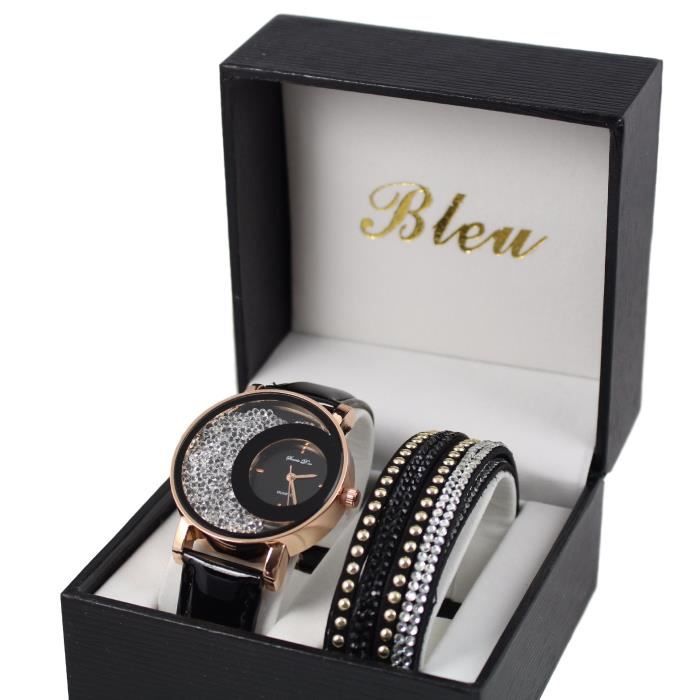 coffret montre femme cuir cadran doré strass cristal + bracelet double tour stardust dolce vita