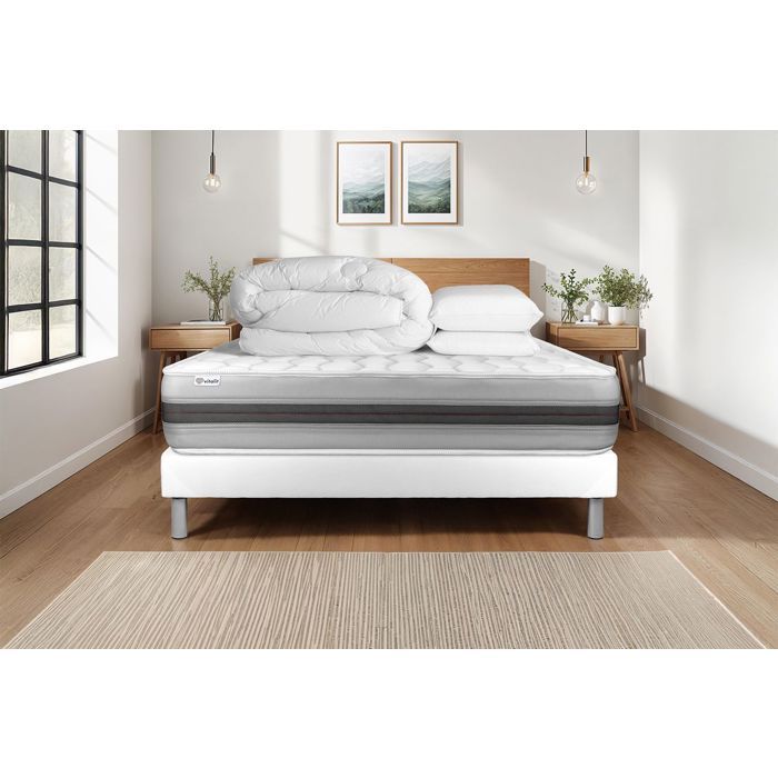 Ensemble VITALSPRING Recover 180x200 Ressorts ensachés, visco 7 zones Maxi épaisseur + sommier kit blanc + 2oreill