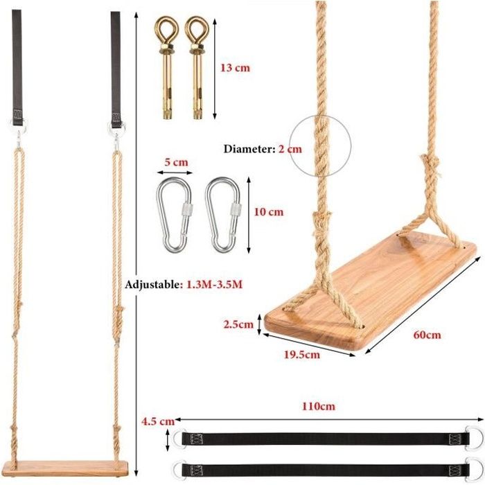 Balançoire Bois Parfait pour Enfant Adult,Portique Balancoire Bois avec Corde Jute Réglable,Tous Les Assecoires Inclus(60*19.5*2.5cm