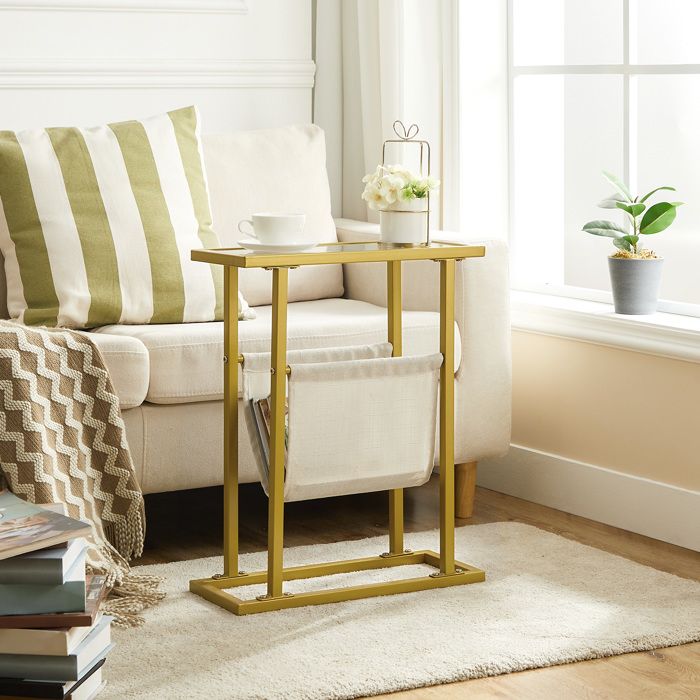 Table dAppoint - HOOBRO - Mince en Verre Trempé - Dorée - 40x18x55 cm - Contemporain