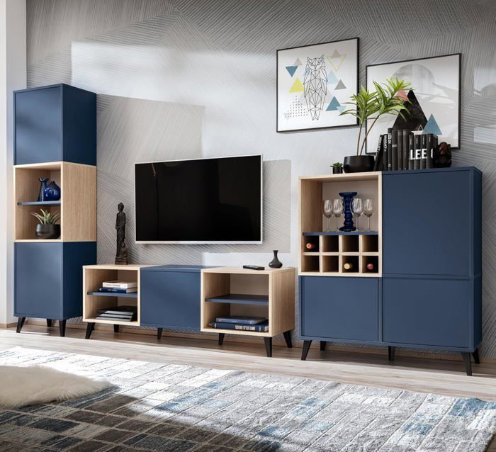 Meuble TV Scandinave Fondi Avec Casier à Vin - 3 Éléments Modulables En Bleu Et Bois Clair