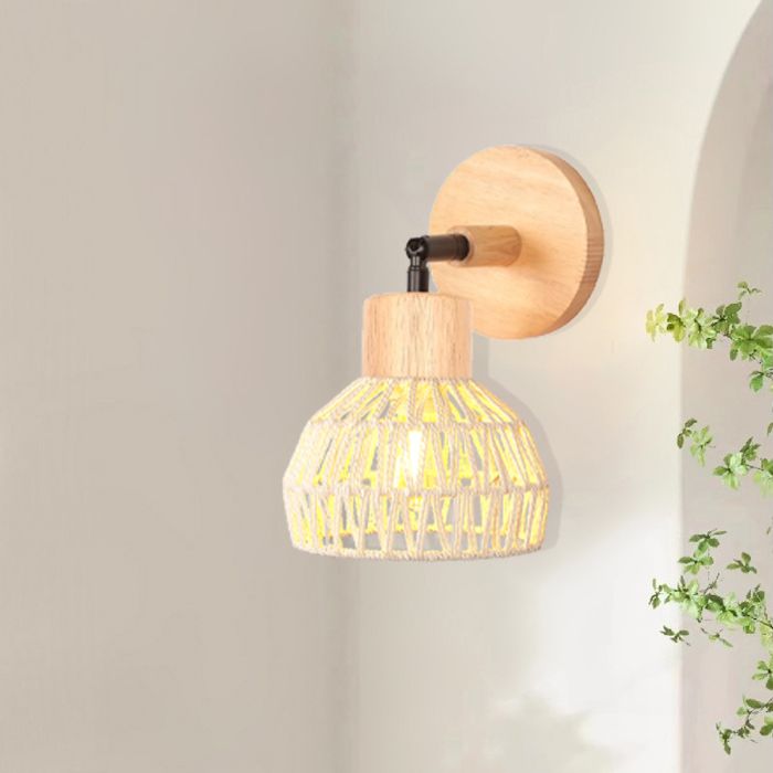 SNOGOLD Applique Mural Interieur Rétro Lampe Mural en Rotin et Bois Ajustable E27 Luminaire Plafonnier pour Salon Couloir Blanc
