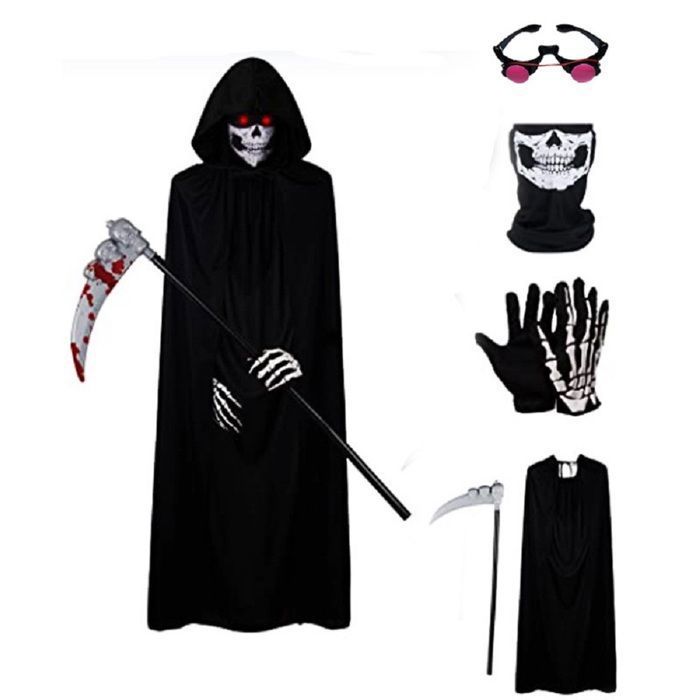 Déguisement Faucheuse Halloween Enfant – 9 Pièces – Cape, Masque, Faucille, Gants – Costume Effrayant