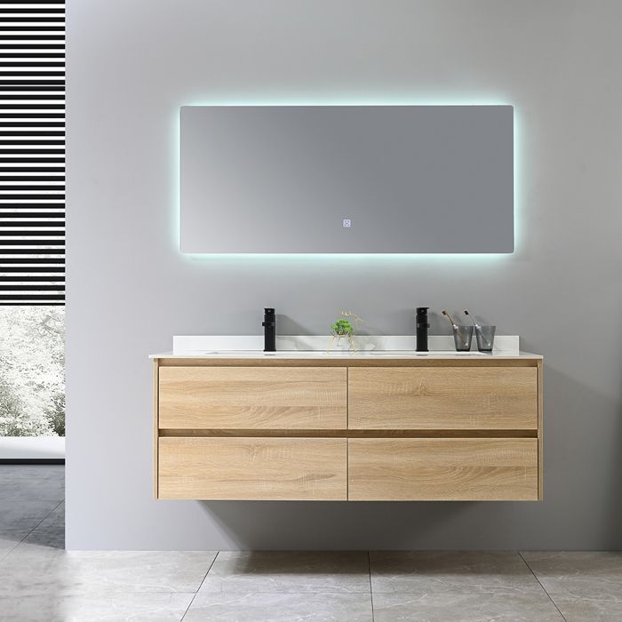 Meuble de salle de bain double vasque 140cm bois et blanc effet marbre avec miroir LED LB-8475 LuxuryBain-
