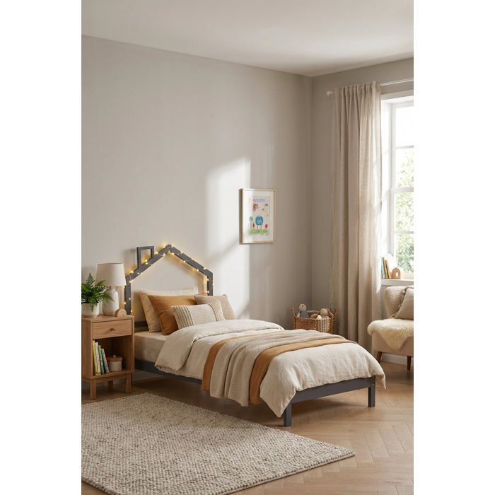 Lit enfant cabane en pin massif gris 90x190 cm avec sommier MONTEIRO