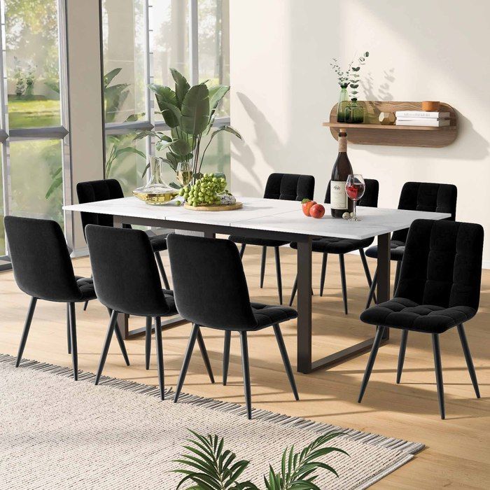 Table de salle à manger avec 8 chaisesChaises de Salle à Manger en Velours noirPlateau de Table en MDF Blanc