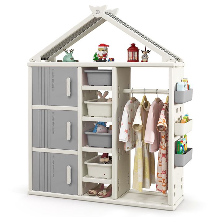 COSTWAY Armoire de Rangement pour Enfants à Vêtements Suspendue avec Bac Étagères Panier Latéral pour Chambre d’Enfants Gris COSTWAY Armoire de Rangement pour Enfants à Vêtements Suspendue avec Bac Étagères Panier Latéral pour Chambre d’Enfants Gris
