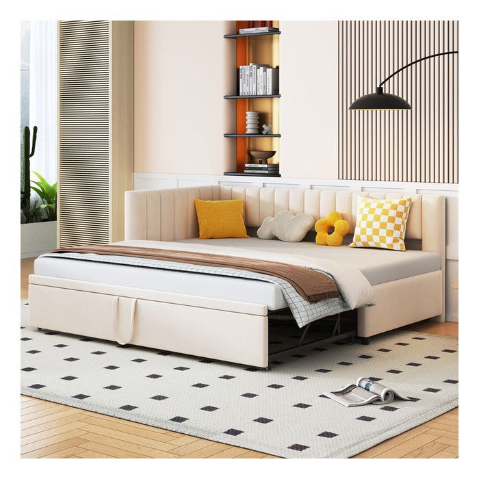 Lit Gigogne 90/180x200 cm Canapé-Lit en L Lit Simple en Velours Lit Rembourré pour Lit Enfant Lit Adulte Beige