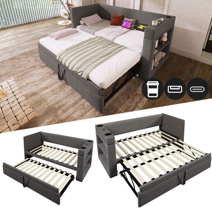 Canapé-Lit Convertible 90x190 cm en Tissu Gris avec Lit Gigogne Ports USB & Type-C Porte-Gobelets et Rangements sans Matelas Canapé-Lit Convertible 90x190 cm en Tissu Gris avec Lit Gigogne Ports USB & Type-C Porte-Gobelets et Rangements sans Matelas