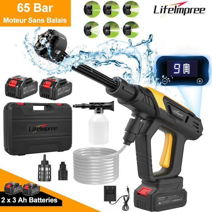 Nettoyeur Haute Pression Sans Fil 120 Bar | Batterie, 6 Buses, 5m Tuyau - Pour Voiture, Terrasse, Jardin