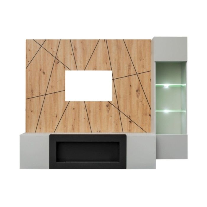 Composition murale IXAR géométrique – Meuble TV vitrine suspendue panneaux muraux et cheminée bio-éthanol Composition murale IXAR géométrique – Meuble TV vitrine suspendue panneaux muraux et cheminée bio-éthanol