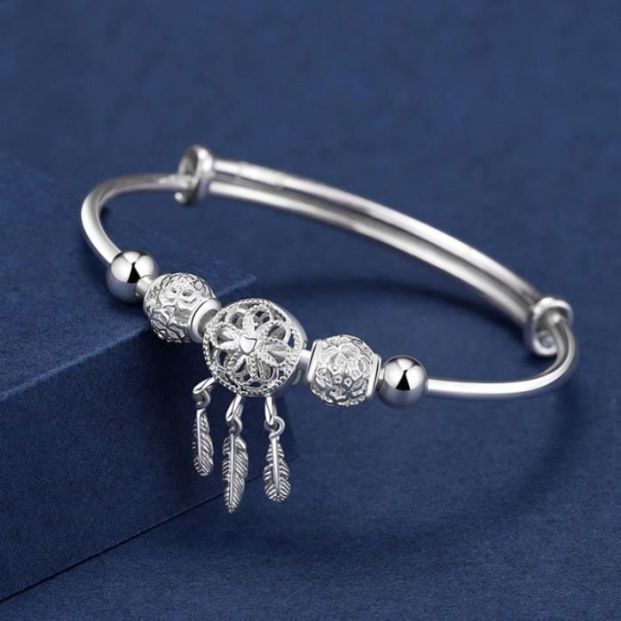 2 Pièces Réglable 925 argent Sterling attrape-rêves gland plume ronde perle bracelet à breloques et bracelet pour les femmes