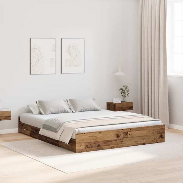 Cadre de lit Double - sans matelas - avec rangement - bois ancien 140x190 cm - 193x140x28 cm 8548991