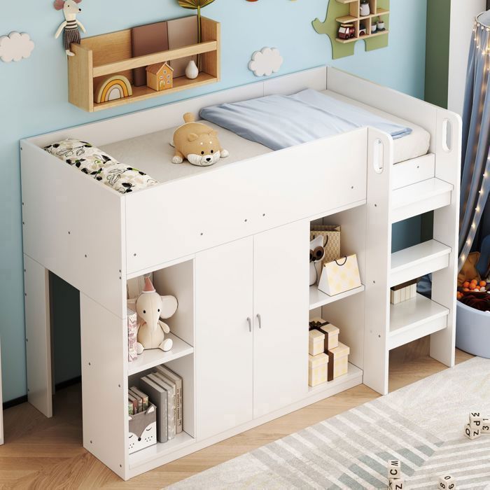 Lit Mezzanine Enfant 90x200 cm avec Armoire et Étagères de Rangement - lit enfant - Gain de Place Structure Robuste en Bois Blanc
