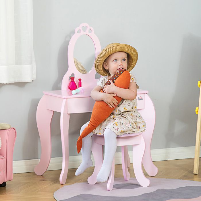 Coiffeuse Enfant Design Girly avec Motifs à Coeur - Tabouret Inclus - dim. 60L x 36l x 88H cm - tiroir Miroir - MDF - Rose