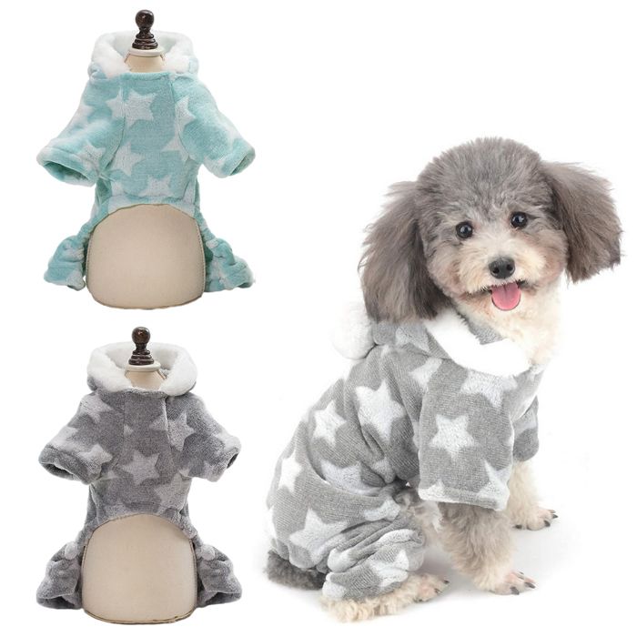 Meilleurs prix pour Lot de 2 pyjamas pour petit chien combinaison dhiver en polaire à capuche avec veste et manteau à 4 pattes (vert et gris)