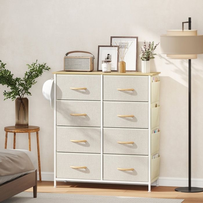 Commode de chambre avec 8 tiroirs en tissu montants en acier finition bois 4 poches de rangement Buffet 2 crochets beige