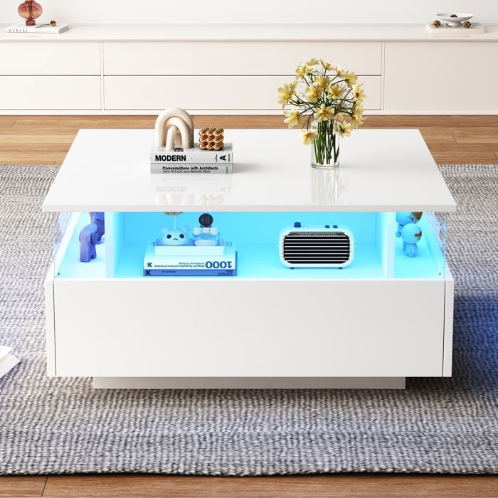 Table basse Carrée avec LED 2 Tiroirs et Compartiments Rangement Meuble salon Table dappoint Moderne 70x70x41cm Blanc brillant