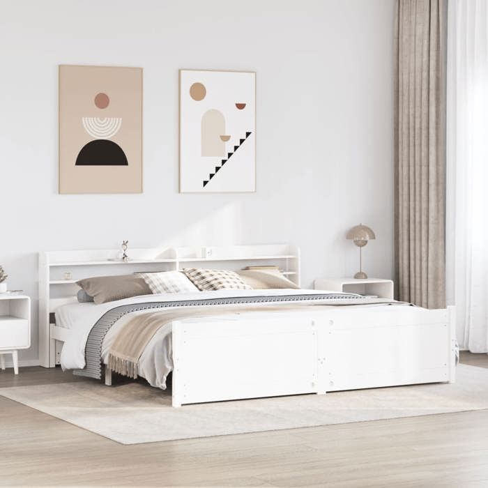 Structure de lit avec tête de lit - UU - 180x200 cm - Blanc - Bois de pin massif - Étagères de rangement