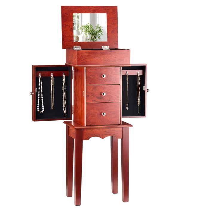 Armoire à Bijoux sur Pied en Bois-VEVOR-Coffre Rangement à Bijoux avec 3 Tiroirs 2 Portes Latérales avec 6 Crochets