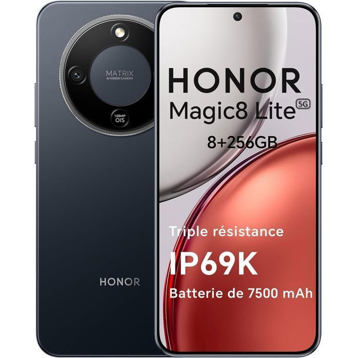 Smartphone 5G - HONOR Magic8 lite - 8Go RAM - 256Go - 7500 mAh - 108 Mpx + OIS - IP68 & IP69K - Noir - EU version