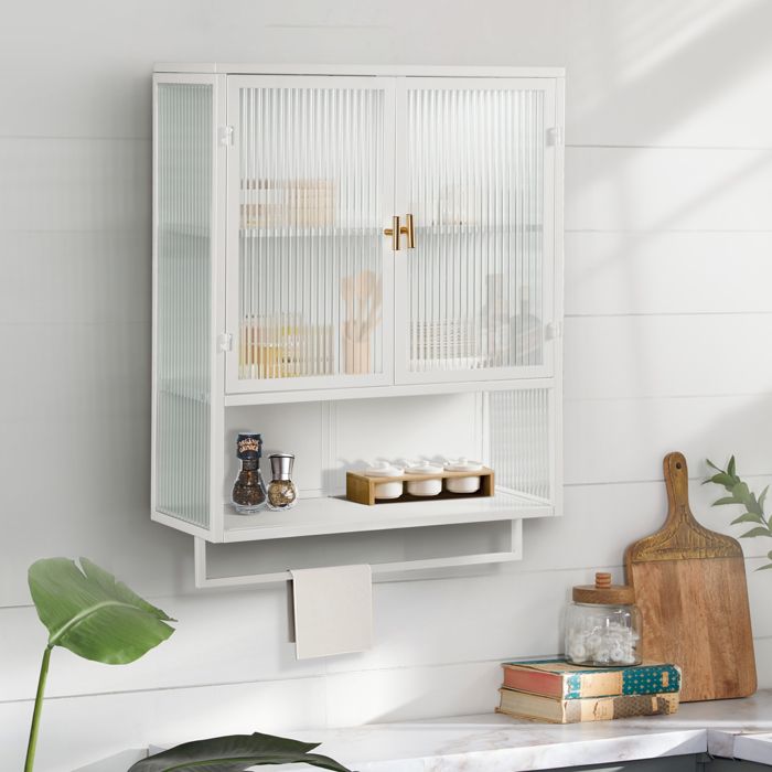 Meuble mural de cuisine 60x23x78 cm mueble haut 2 portes verre étagère ouverte porte serviettes métal verre blanc