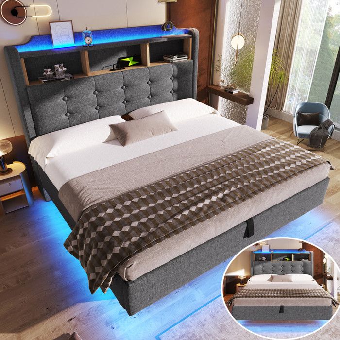 Lit 140x200 cm avec rangement - 2 Personnes pour adulte - Bande LED multicolore - Rangement hydraulique - Ports USB et Type-C